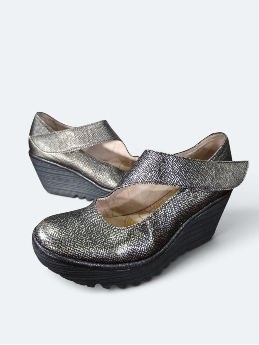 Fly London Yasi Silver Metallic Leather Wedge Mary Jane Shoes EU 39 US 8-8.5